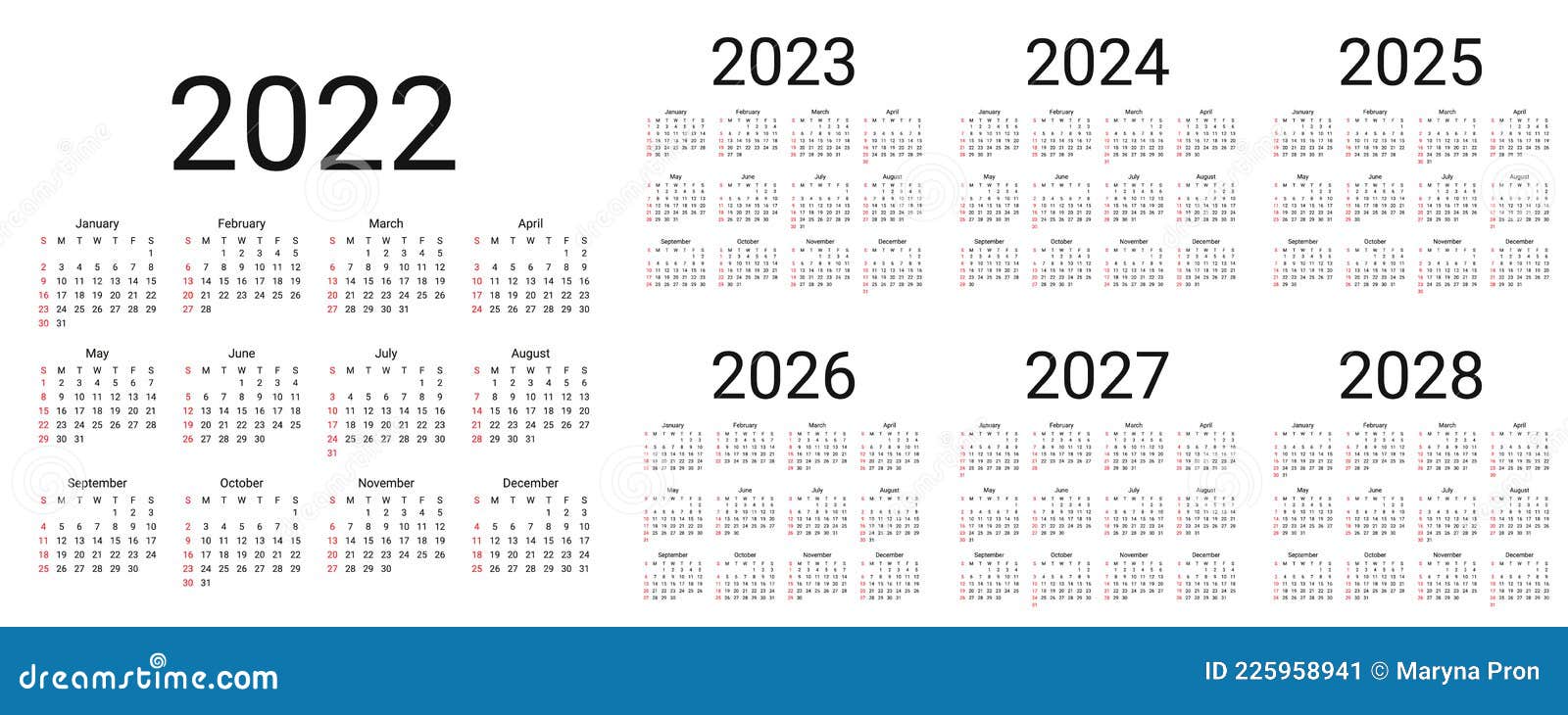 Calendar 2022, 2023, 2024, 2025, 2026, 2027, 2028 Years. Vector