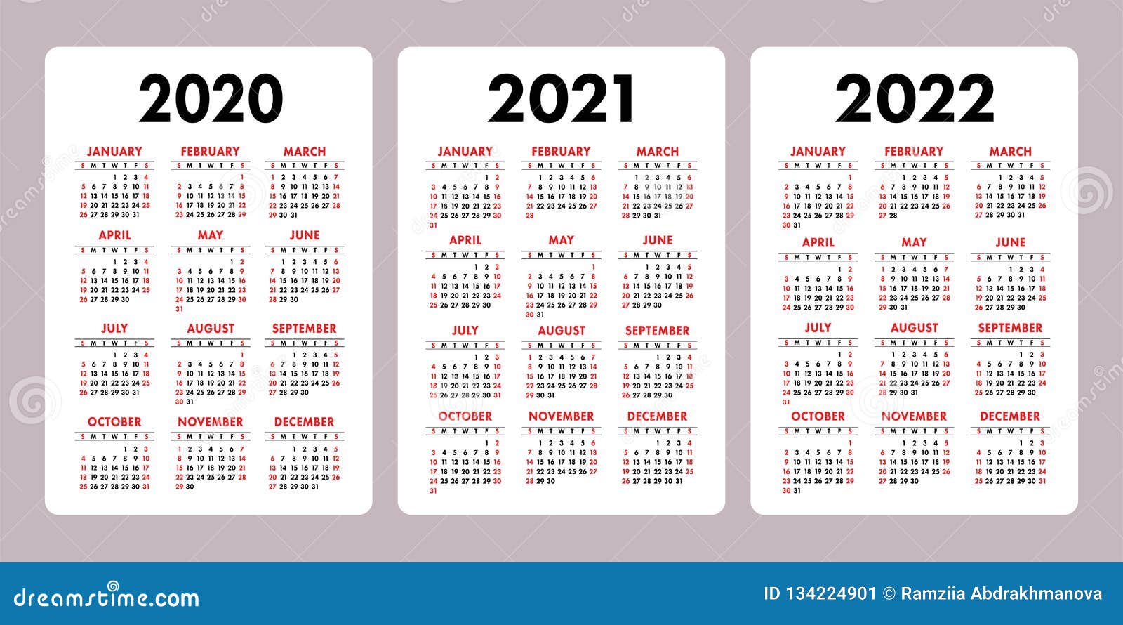 Calendar 2020, 2021, 2022 Years. Vertical Vector Calender