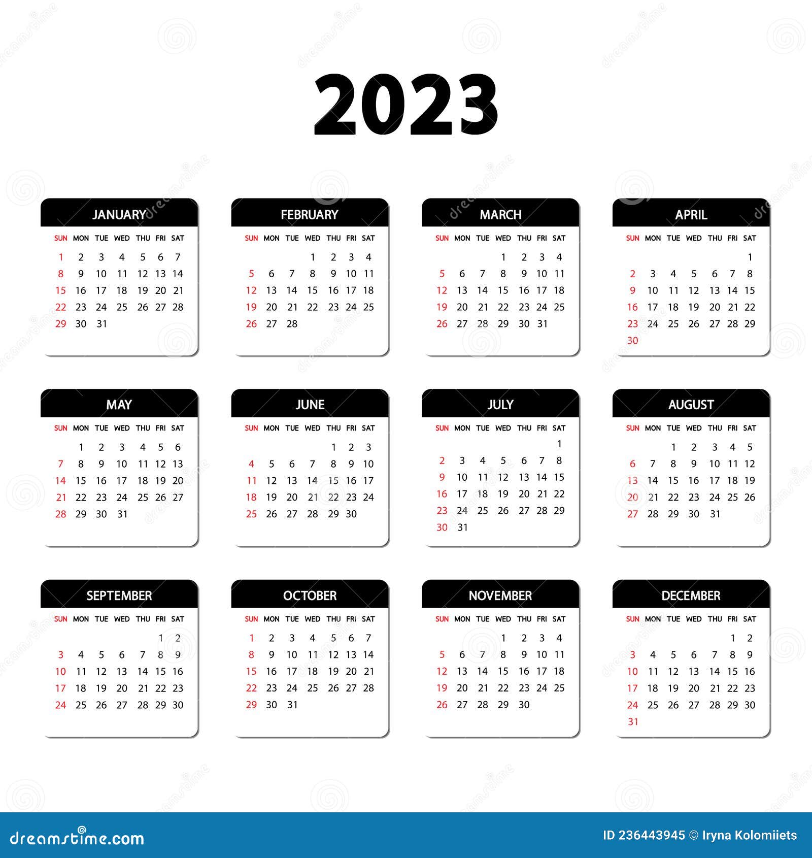 Calendario Del Año 2023 Calendario 2023 Año. La Semana Comienza El Domingo. Plantilla De Calendario  Anual En Inglés 2023 Ilustración del Vector - Ilustración de anual,  moderno: 236443945