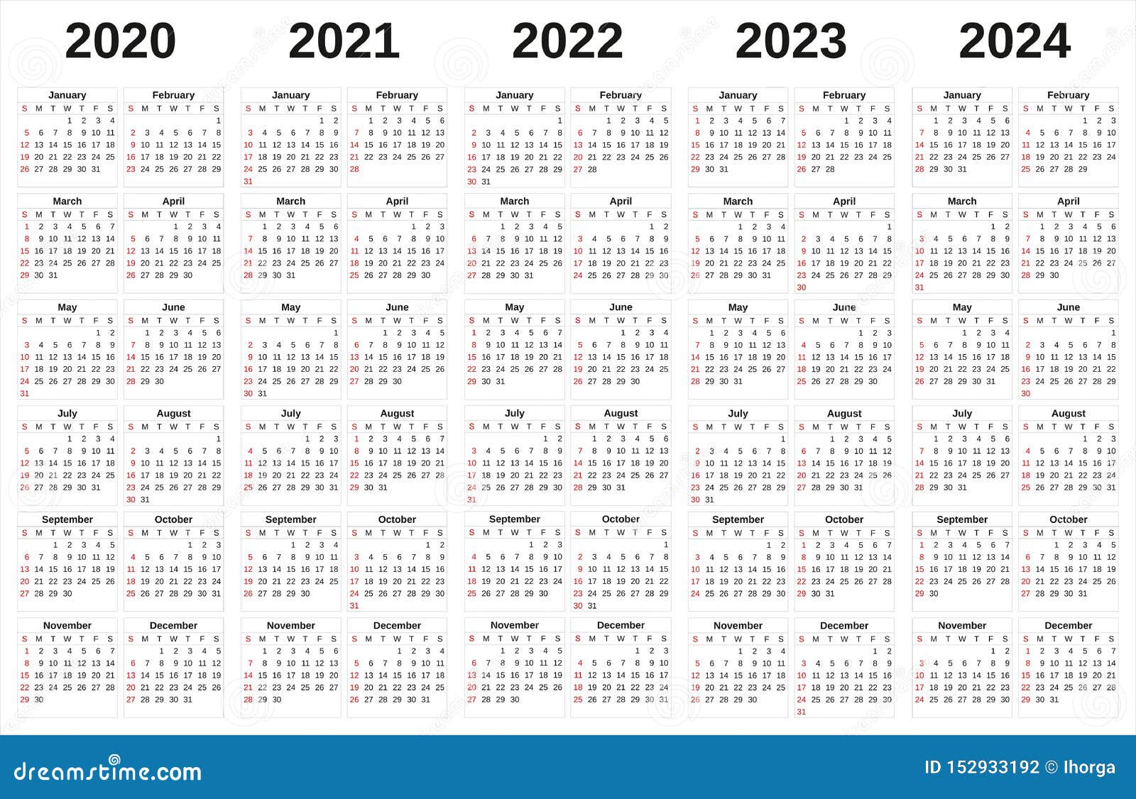 2020-2024 Calendario Annuale Con Fondo Bianco Illustrazione di Stock