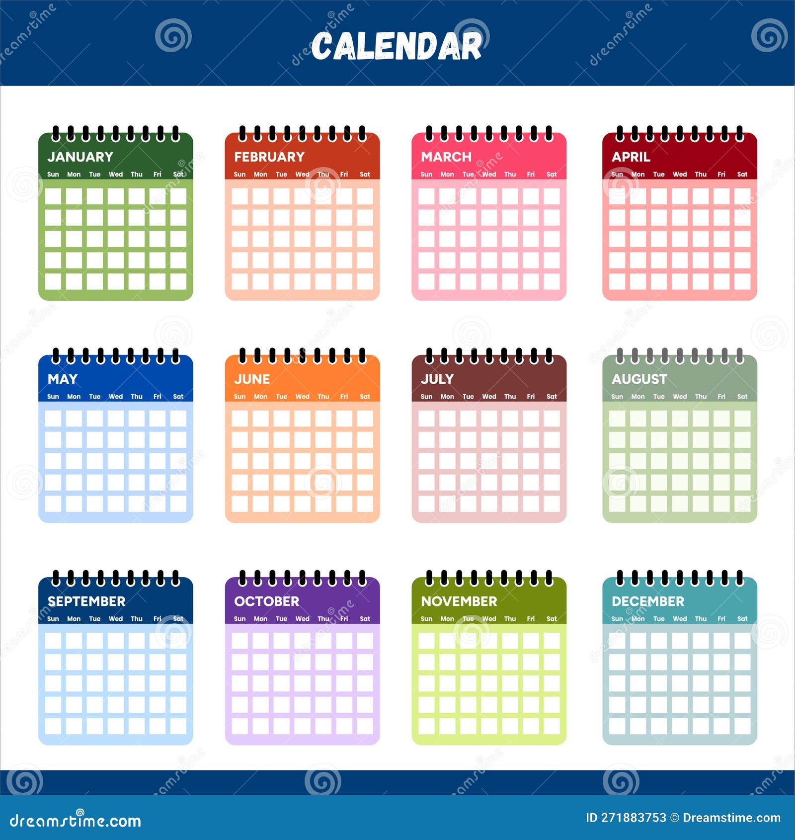 Calendario Mes A Mes Calendario. Calendario Anual. Mes. Año. Calendario Mensual. Calendario  Colorido Ilustración del Vector - Ilustración de navidad, muestra: 271883753