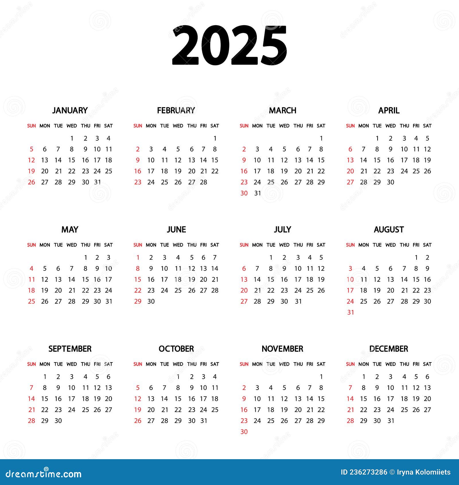 Calendario 2025 Año. La Semana Comienza El Domingo. Plantilla De