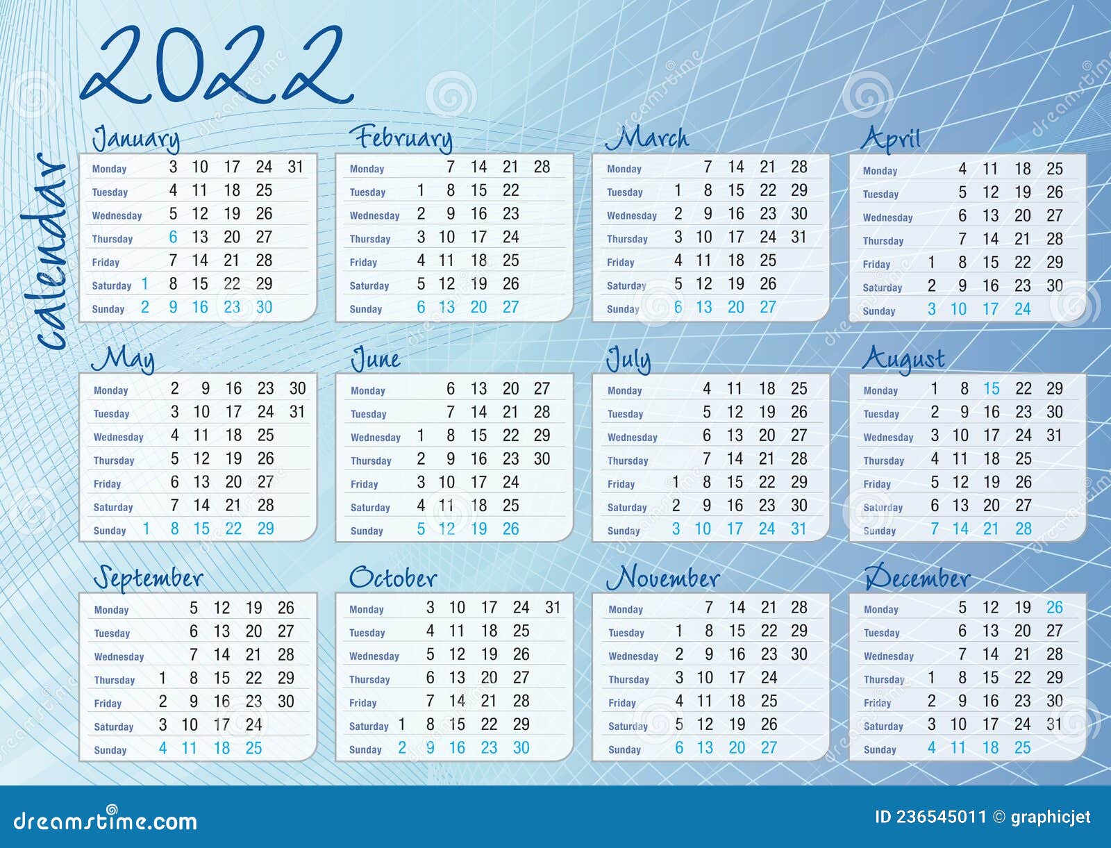 2022 calendario blue lines and gradient calendar