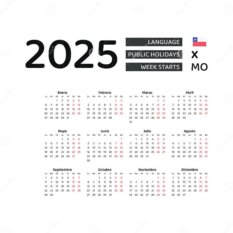 Calendario Chile 2025. La Semana Comienza El Lunes. Diseño Gráfico