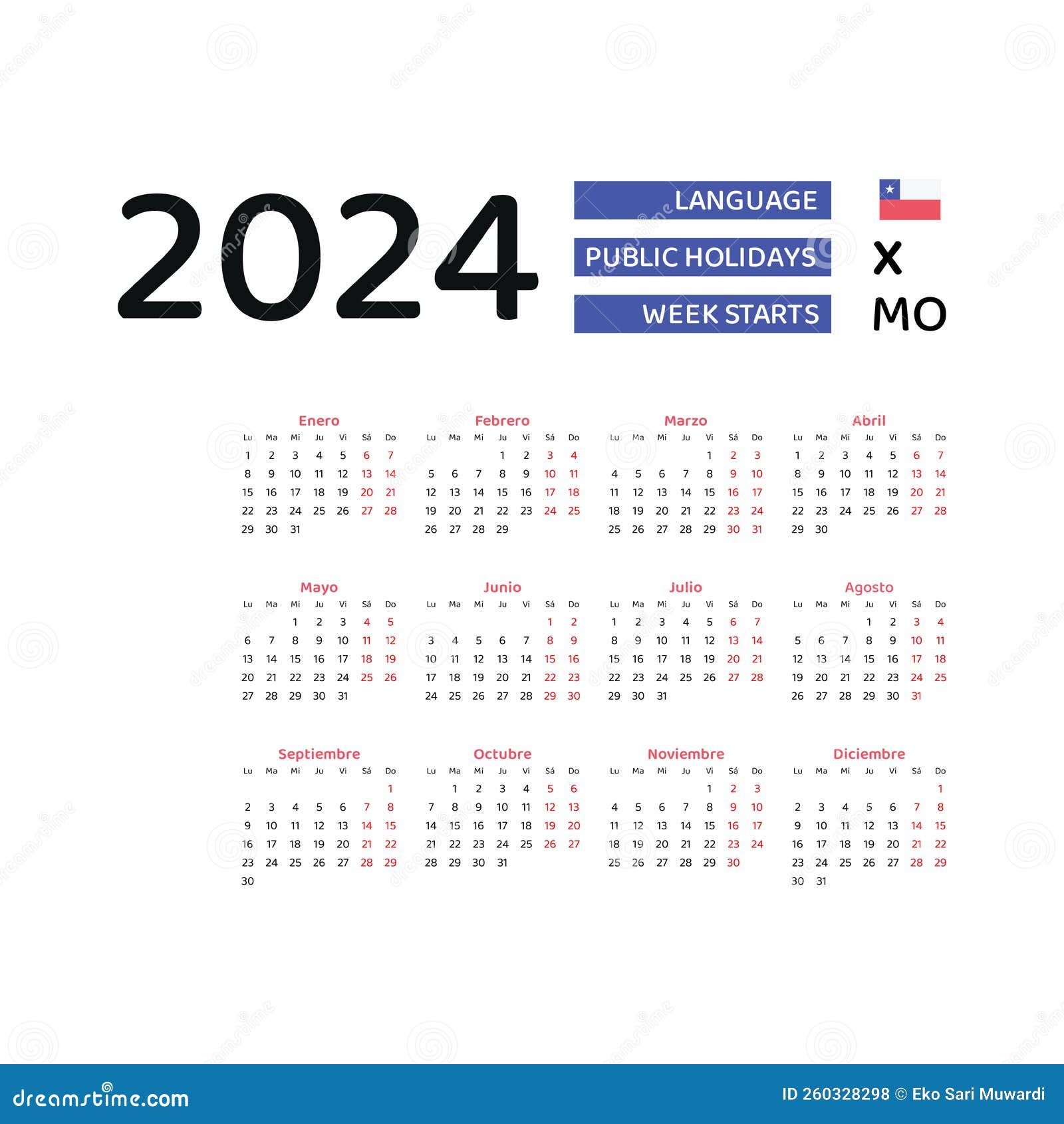 Calendario Chile 2024. La Semana Comienza El Lunes. Diseño Gráfico
