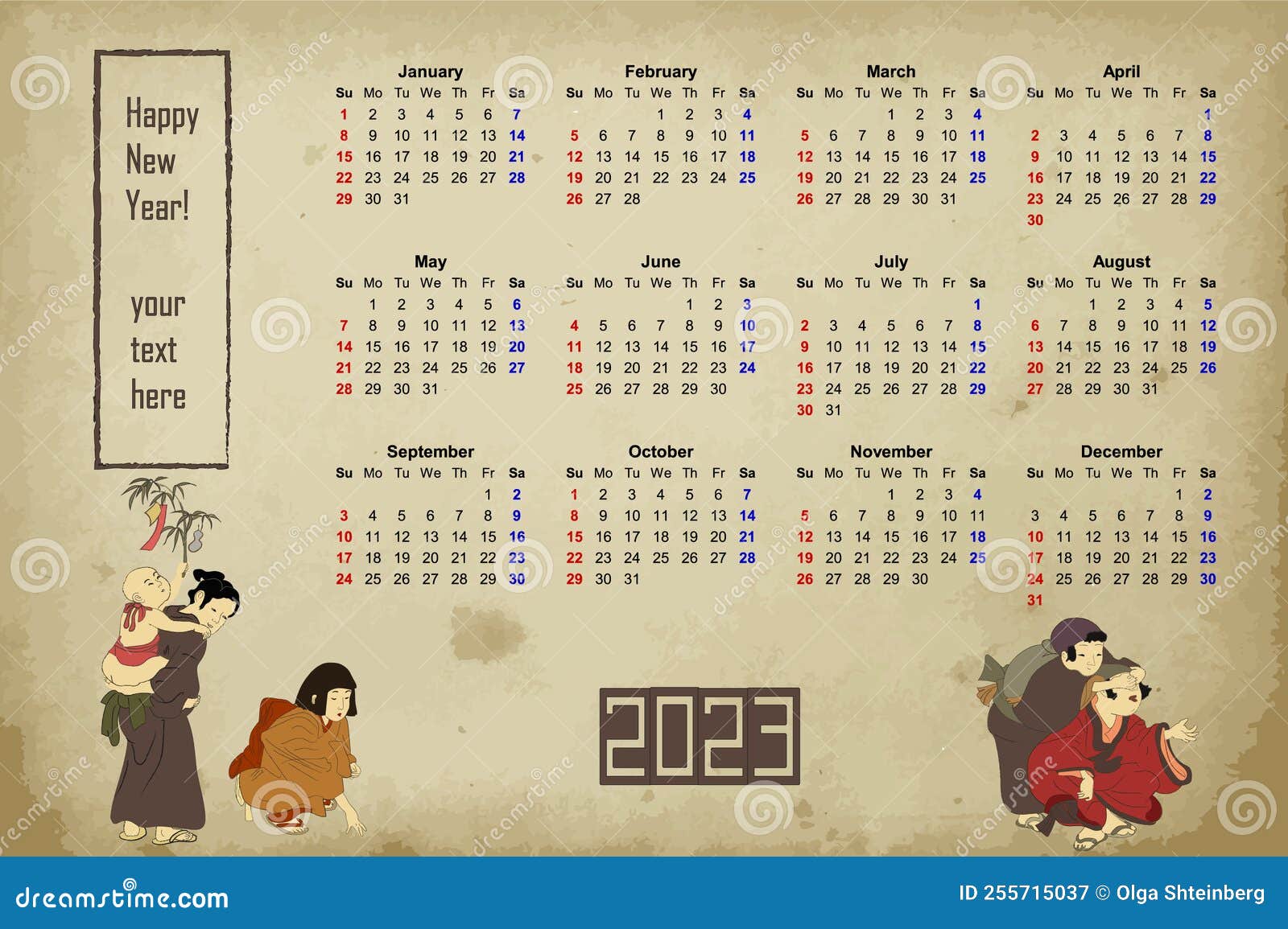 2023 Calendario Chino Del Año Nuevo En La Ilustración Vectorial Del Estilo  Del Dibujo De La Madera Antigua. Pancarta Con Niños Jap Ilustración del  Vector - Ilustración de feliz, nuevo: 255715037