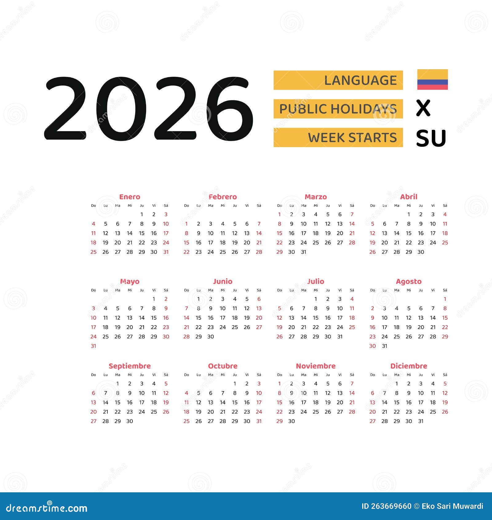 Calendario Colombia 2026. La Settimana Inizia Dalla Domenica. Disegno Calendario Colombia 2026. La Settimana Inizia Dalla Domenica. Disegno