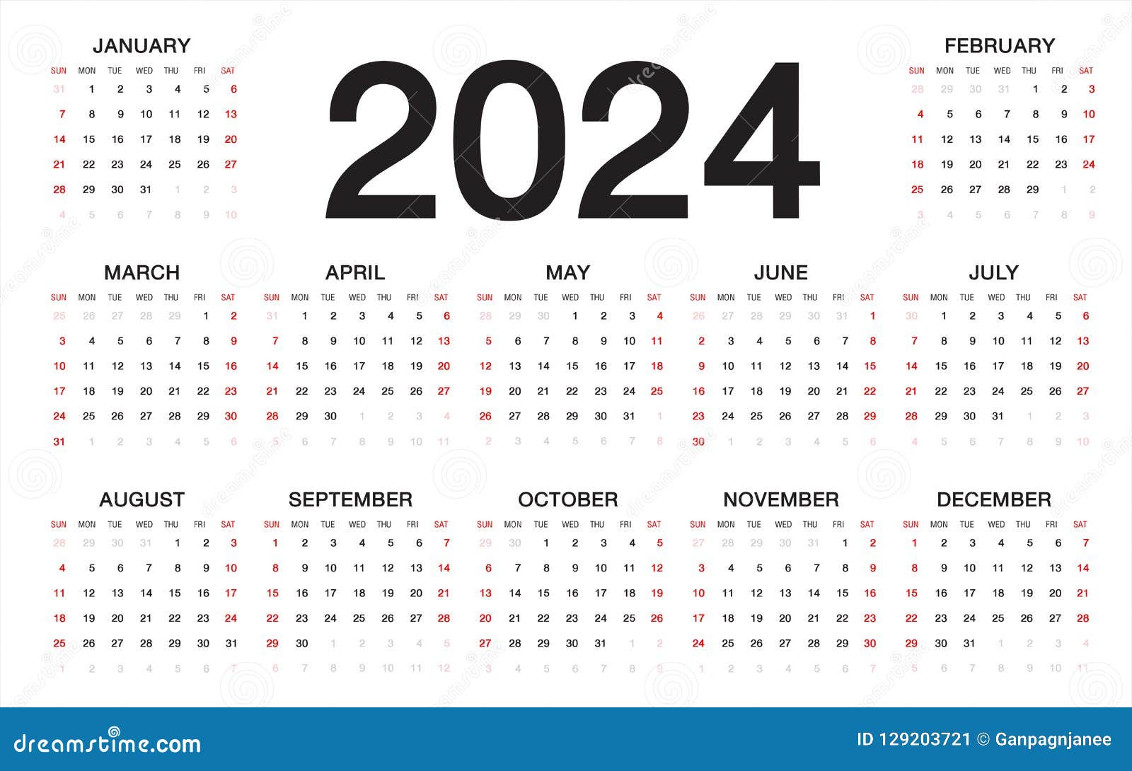 Calendario 2024, Comienzo De La Semana De Domingo, Plantilla Del