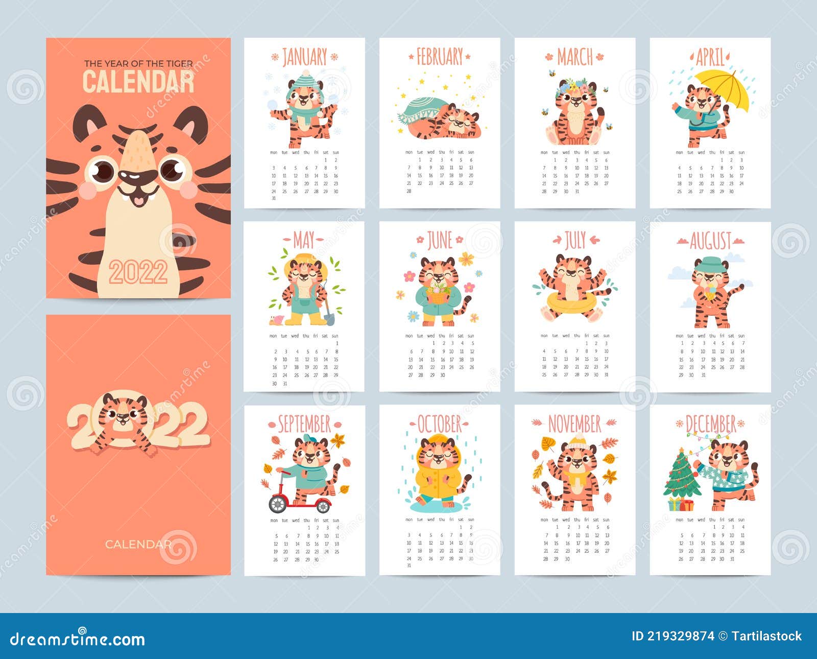 Calendario 2022 Con Tigres Lindos. Portadas Y Páginas De 12 Meses Con  Personajes Animales Actividades De Temporada. Año Nuevo Chin Ilustración  del Vector - Ilustración de feliz, planificador: 219329874