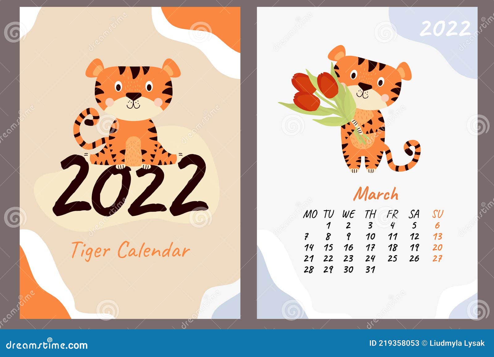 Calendario De Marzo Y Portada De 2022. Cachorro Tigre Lindo Con Ramos De  Flores En Tulipanes. Año Del Tigre En Chino O Ilustración del Vector -  Ilustración de organizador, planificador: 219358053