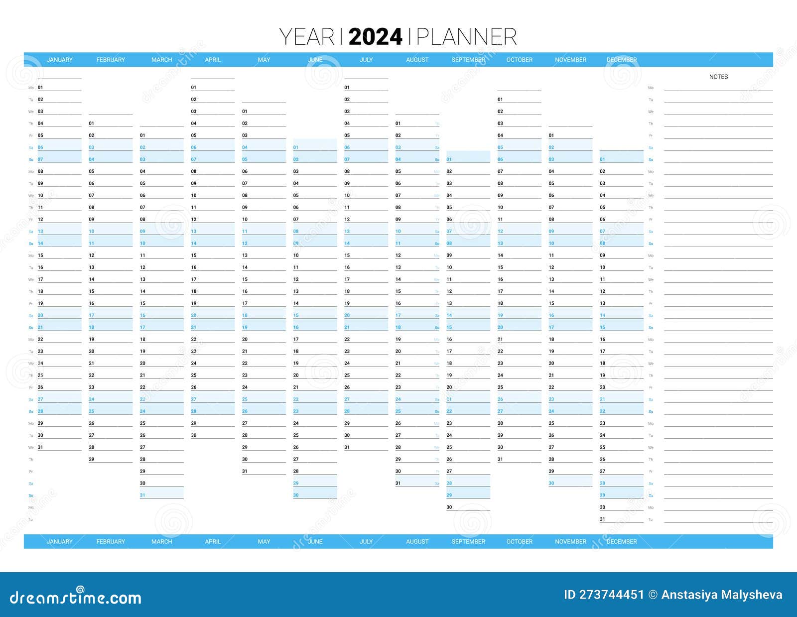 Calendario De Planificadores Para El Organizador Anual 2024 Ilustración del Vector - Ilustración de anual, escuela: