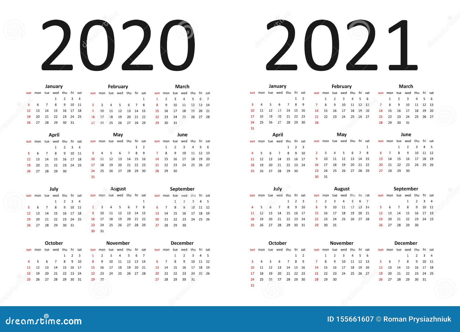 Calendario De 2020 Y 2021 Años Plantilla Simple Del Calendario Con Comienzo De La Semana El 