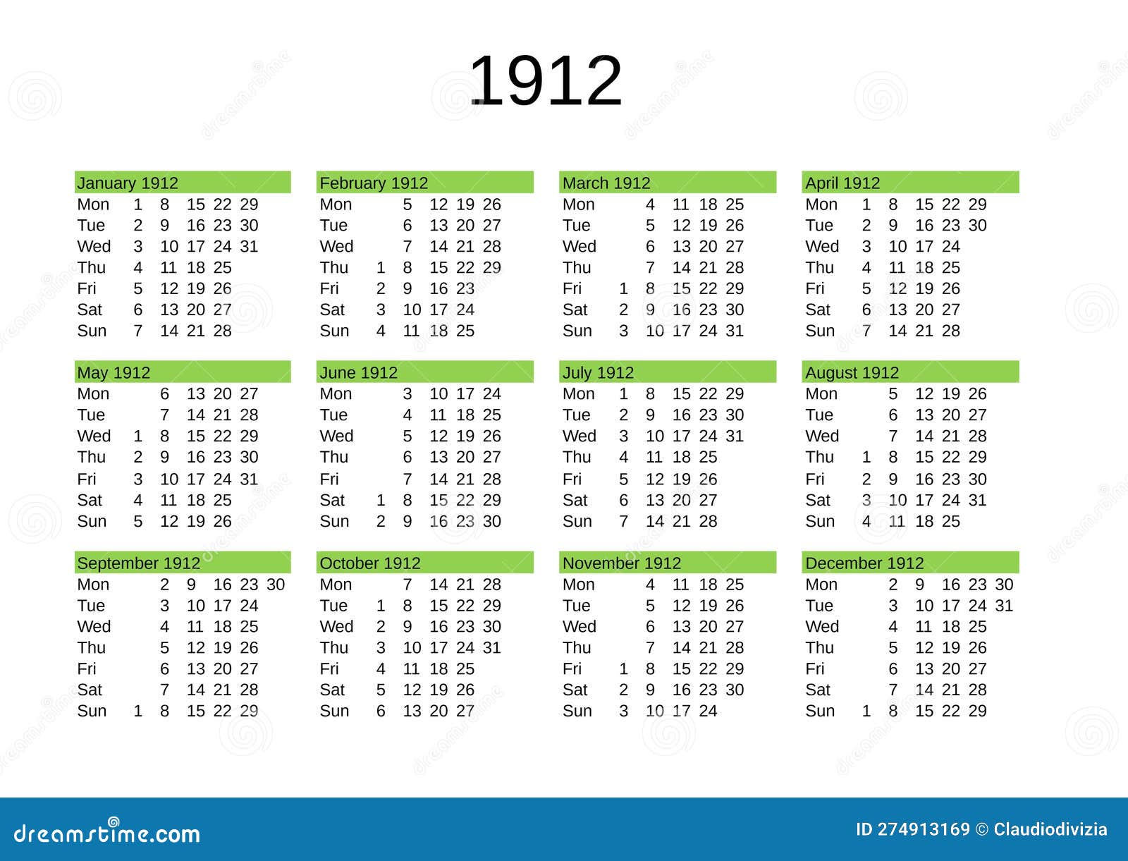 Calendario Del Año 1912 En Inglés Stock de ilustración Ilustración de