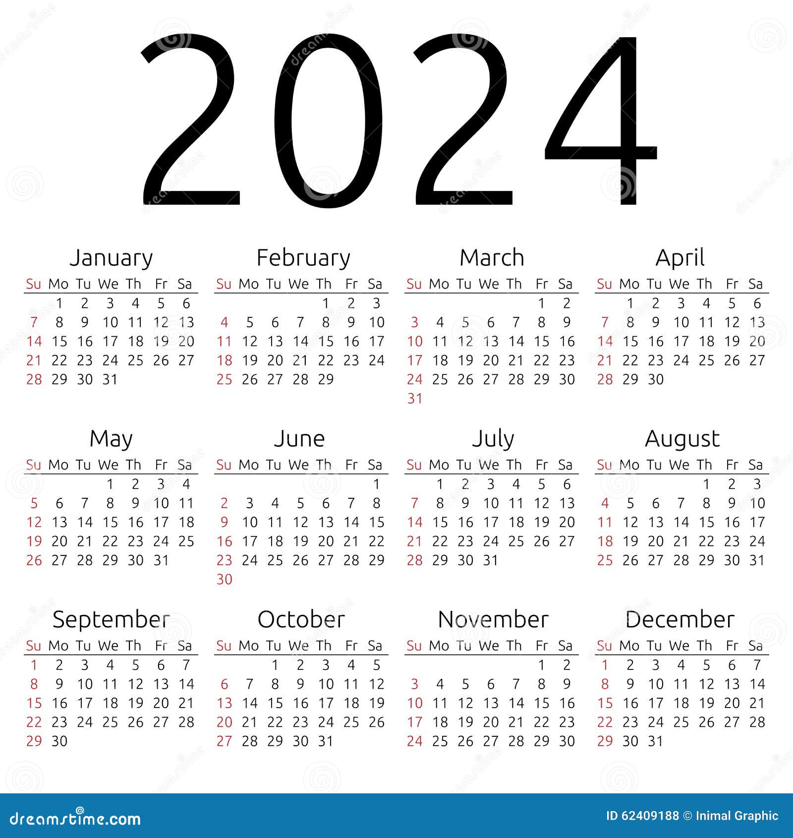 Calendario 2024, Domingo Del Vector Ilustración del Vector - Ilustración de  doce, inglés: 62409188