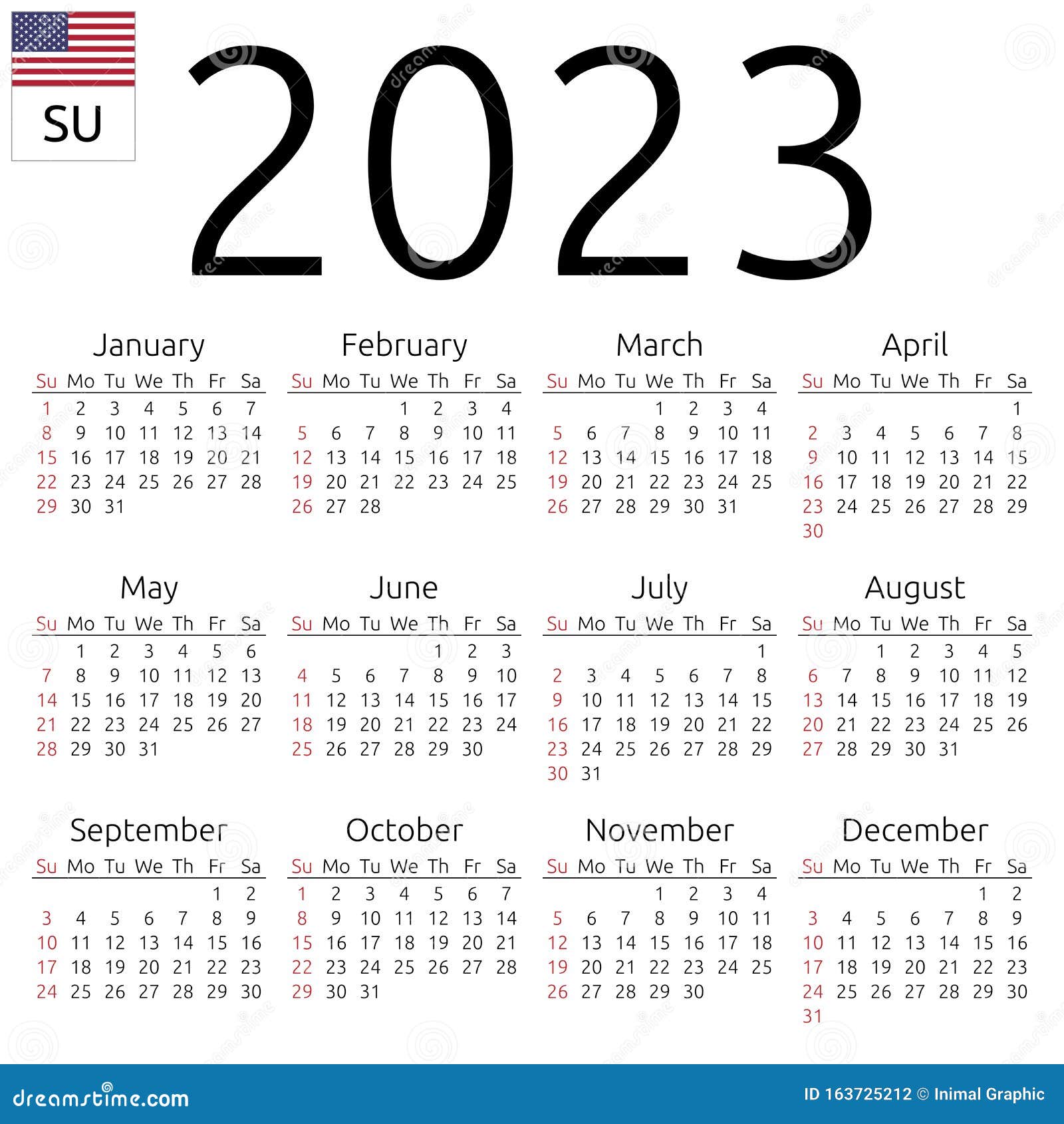 Calendario Del Año 2023 Calendario 2023, Inglés, Domingo Ilustración del Vector - Ilustración de  resaltar, legible: 163725212