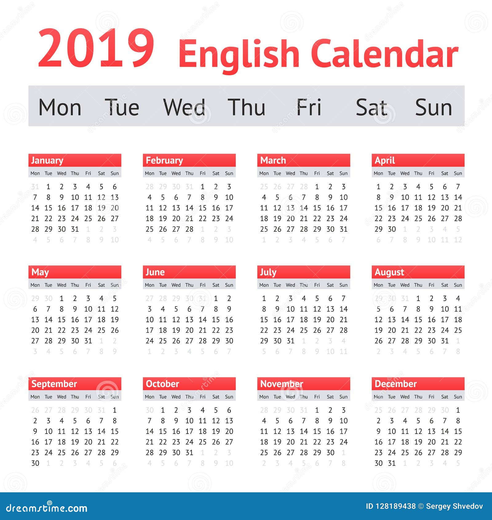 Calendario Inglese Europeo 2019 Illustrazione Vettoriale