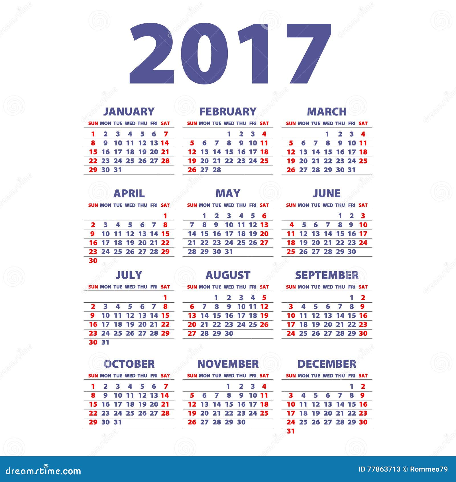 Calendario 2017 La Semana Empieza De Domingo Vector La