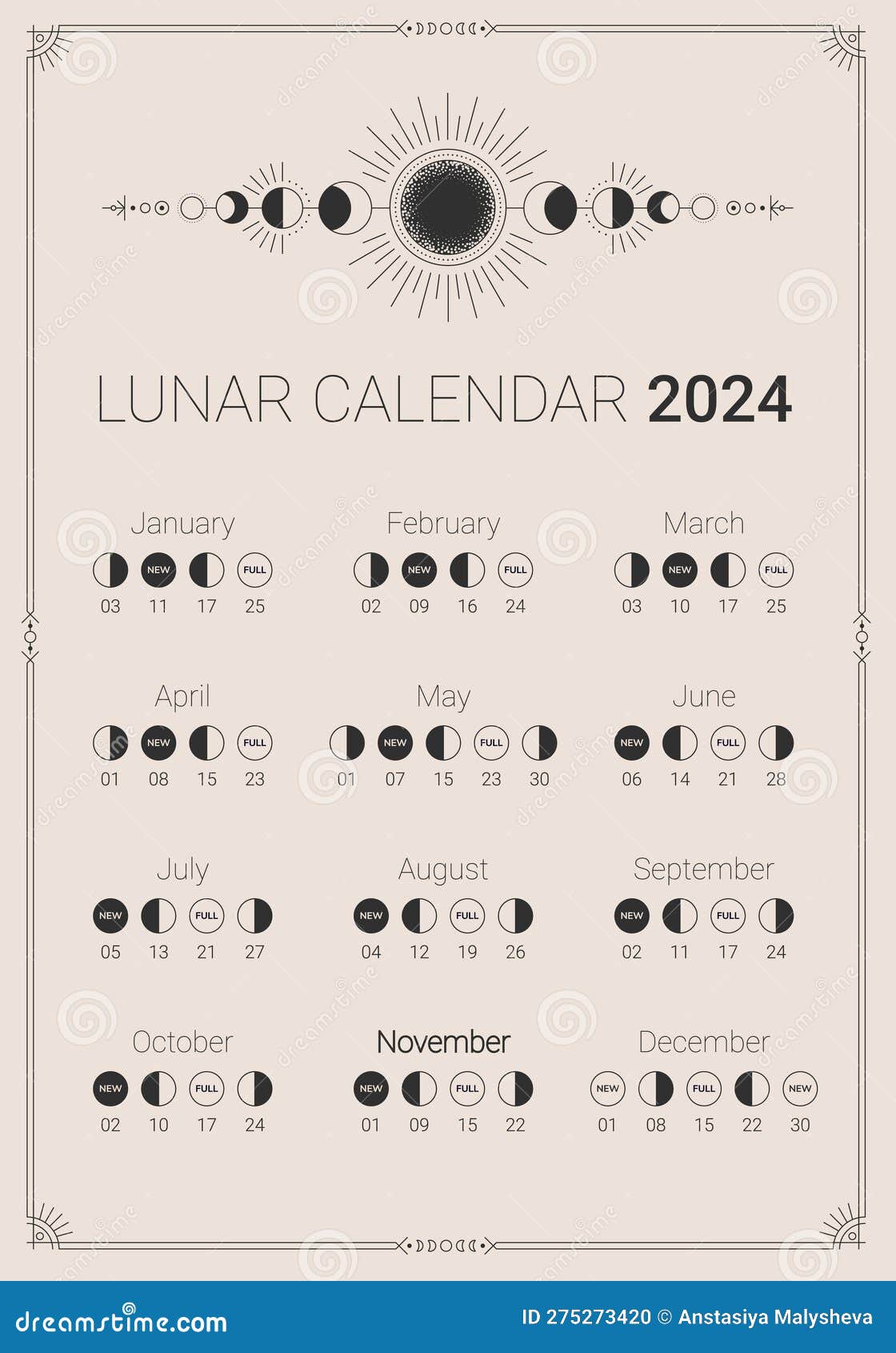 Calendario Lunar De 2024 Años De La Planificación Del Ciclo Anual  Ilustración del Vector - Ilustración de extracto, modelo: 275273420