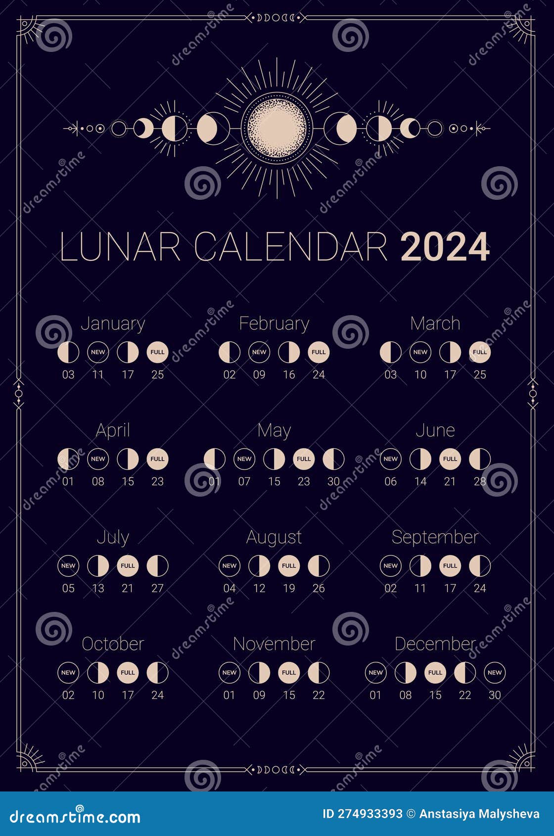 Calendario Lunar De 2024 Sobre Un Telón De Fondo Oscuro En El Cielo  Nocturno Ilustración del Vector - Ilustración de galaxia, fondo: 274933393
