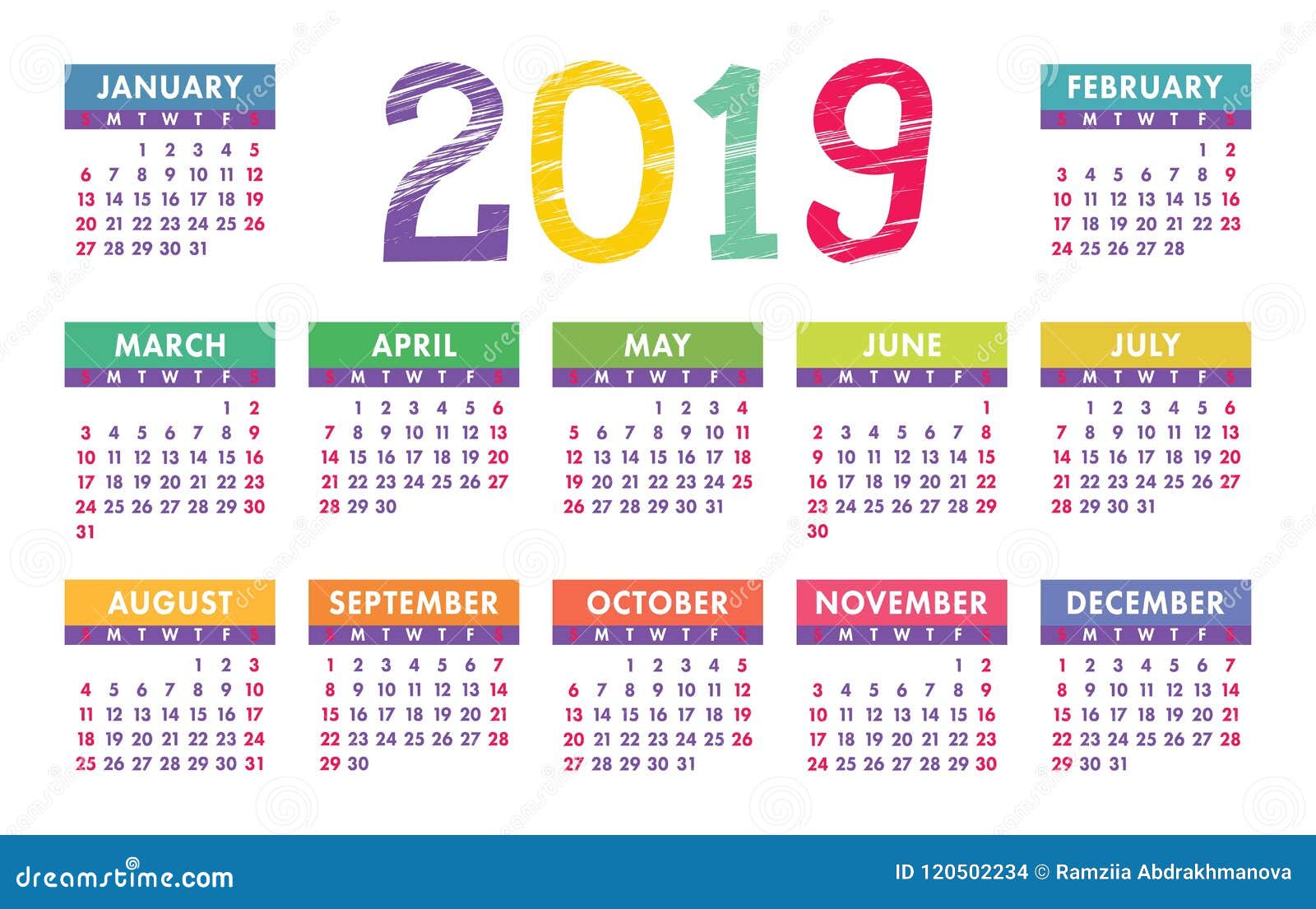 Calendario 2019 Modelo Del Vector Calendario Inglés Sistema Colorido Ilustración Del Vector 