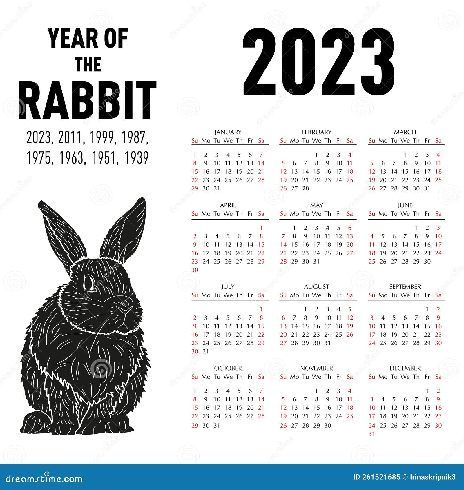 Calendario Para 2023 Año Del Conejo Según El Calendario Chino. Ilustración  Vectorial. Stock de ilustración - Ilustración de chino, mensual: 261521685