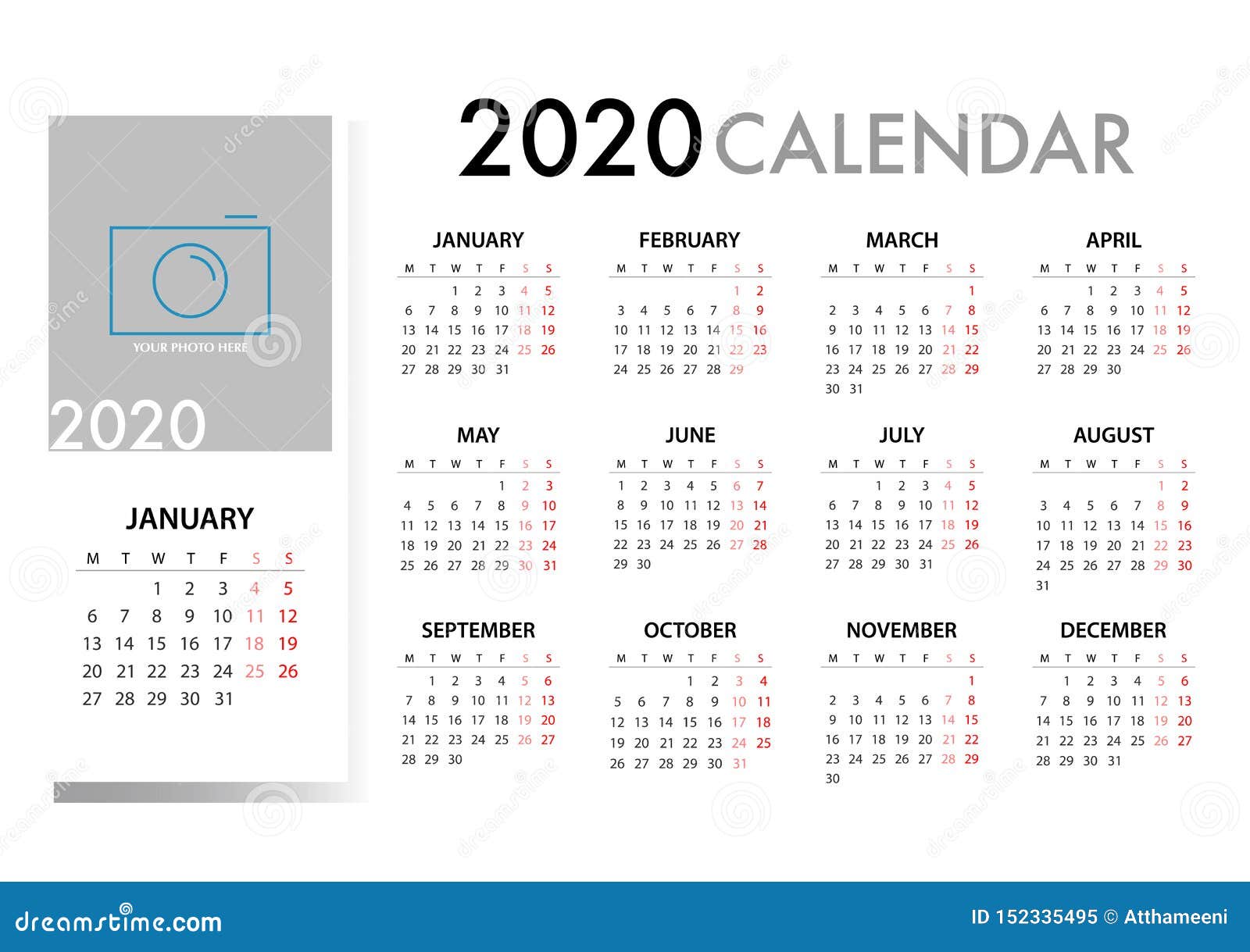 Calendario Para 2020 Comienzos Lunes De La Semana Plantilla Simple Del