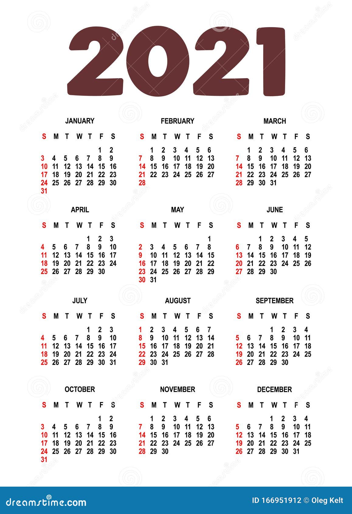 Calendario Para 2021 Las Semanas Empiezan El Domingo Aislado En Fondo Blanco Plantilla Stock 