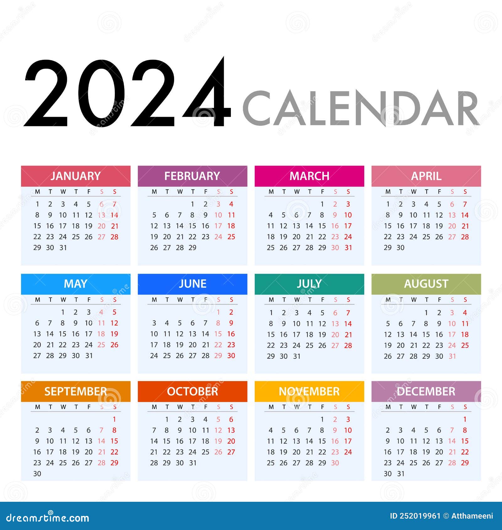 Calendario Para 2024 Sobre Fondo Blanco. Semana Empieza El Lunes