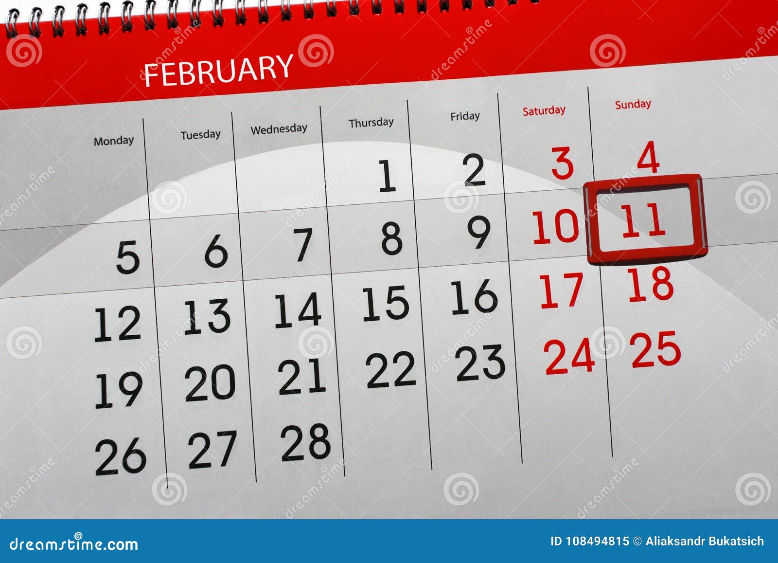 Calendario planificador 2018 11 de febrero aislado mes diario imagen de 