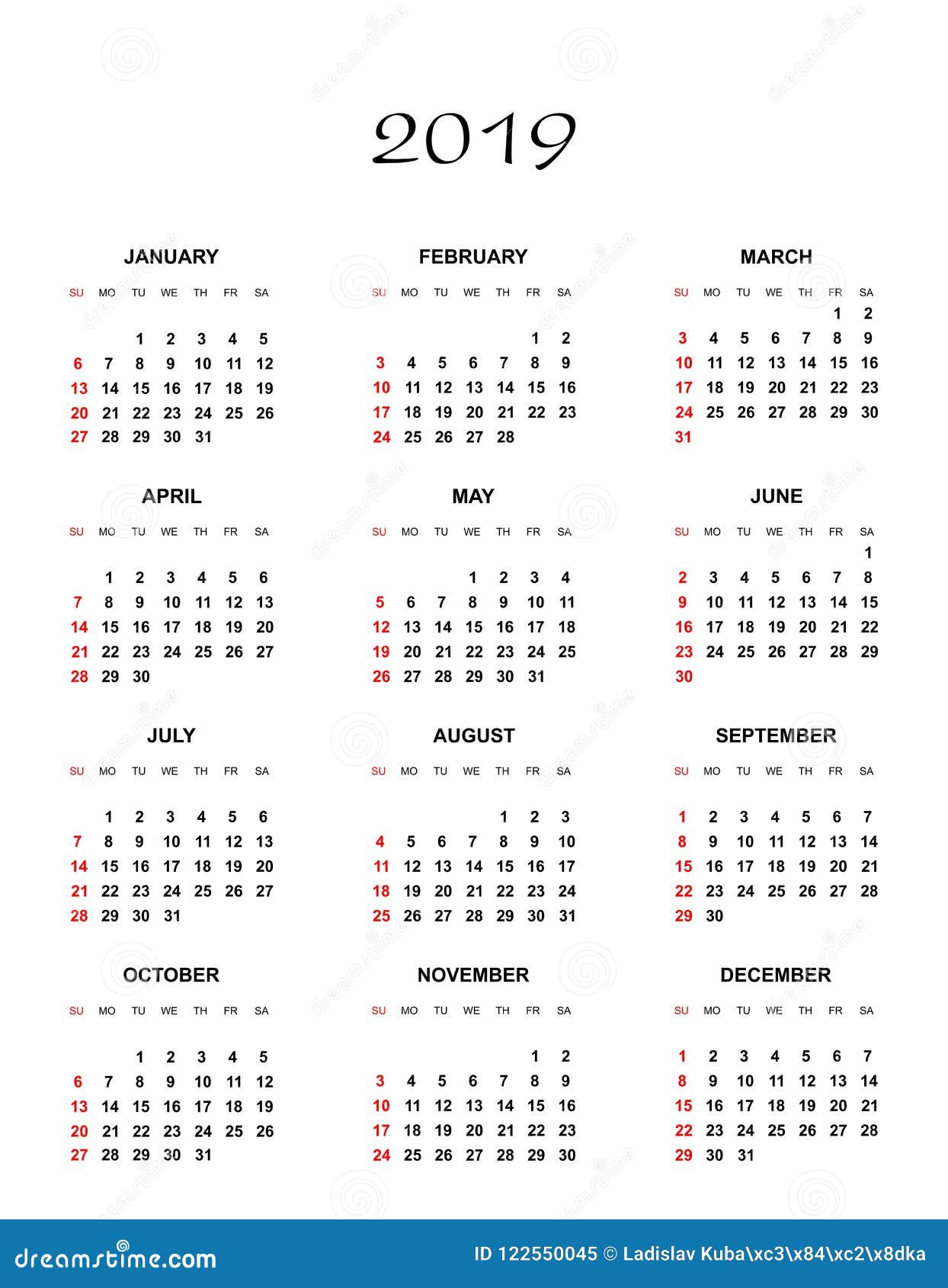 Calendario Simple Del Color Por El Año 2019 Los Nombres De Días Y Los Meses En Fila Y Domingo Marcaron Rojo En Un Fondo Blanco Ilustración Del Vector Ilustración De Viernes