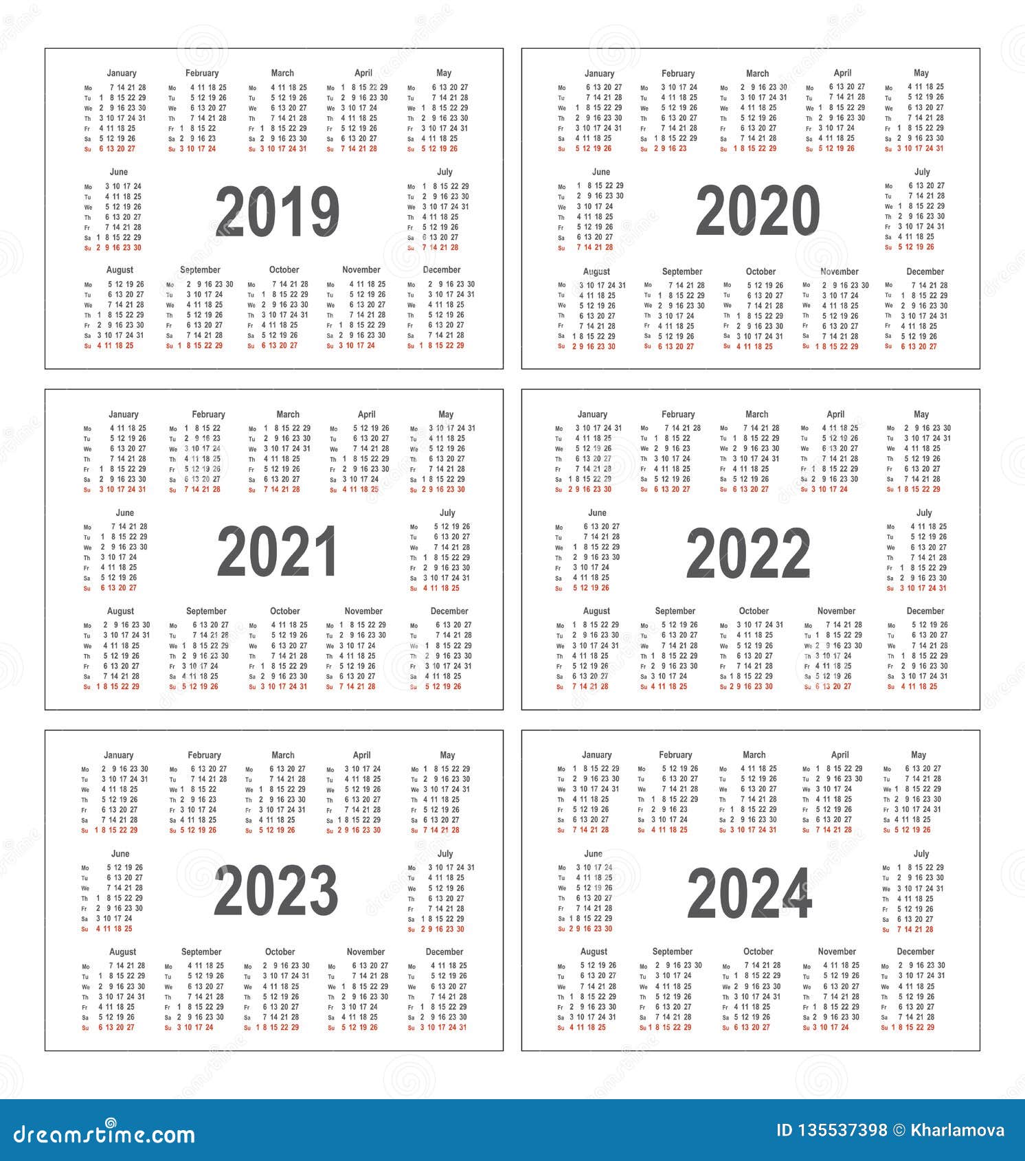 Calendario Simple Por 2019, 2020, 2021, 2022, 2023 Y 2024 Años