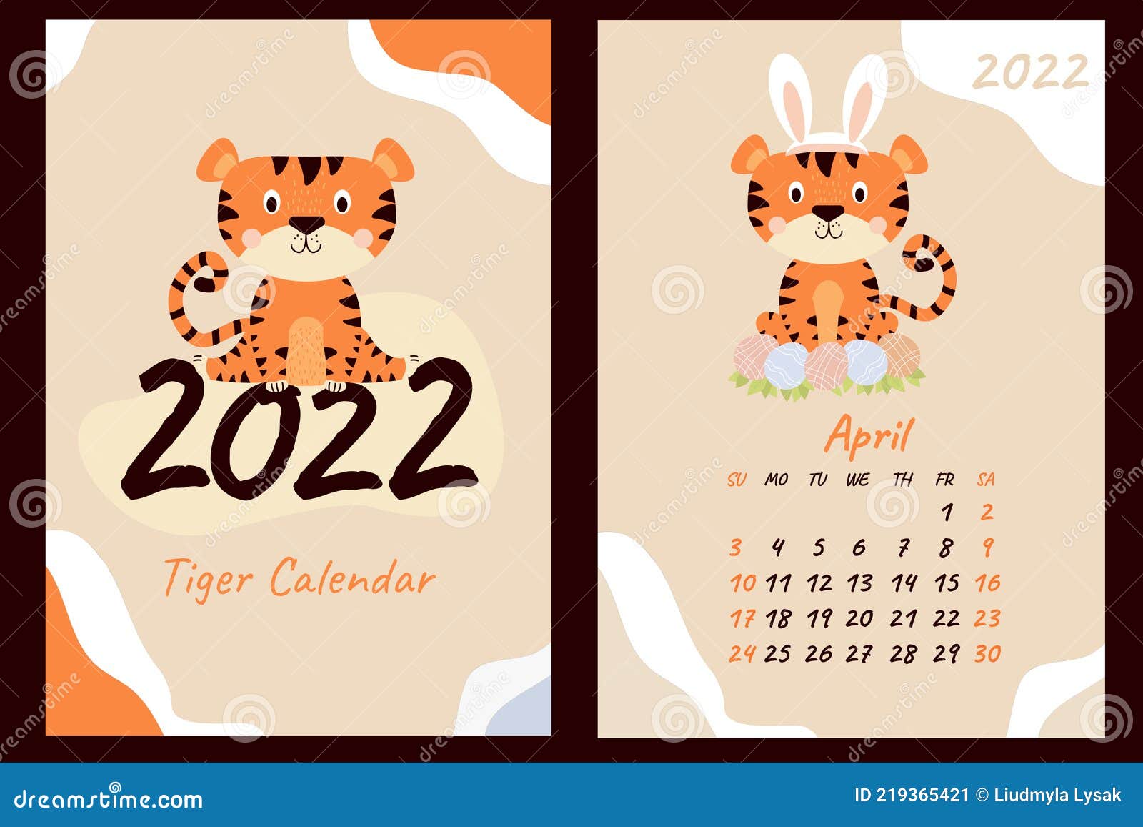 Calendario Y Portada De Abril De 2022. Lindo Cachorro De Tigre De Pascua  Con Orejas De Conejo Y Huevos De Pascua. Año Del Tigre En Ilustración del  Vector - Ilustración de vacaciones,