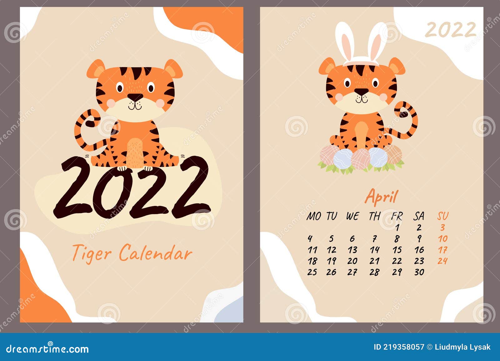 Calendario Y Portada Para Abril De 2022. Lindo Cachorro De Tigre De Pascua  Con Orejas De Conejo Y Huevos De Pascua. Año Del Tigre Ilustración del  Vector - Ilustración de vertical, horario: 219358057