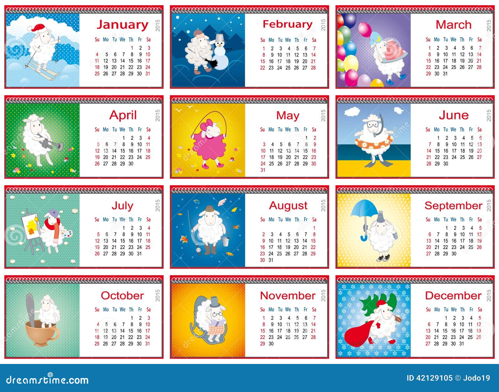 Calendarios Para Cada Mes En 2015 Con Las Ovejas Activas Ilustración del  Vector - Ilustración de historieta, colorido: 42129105