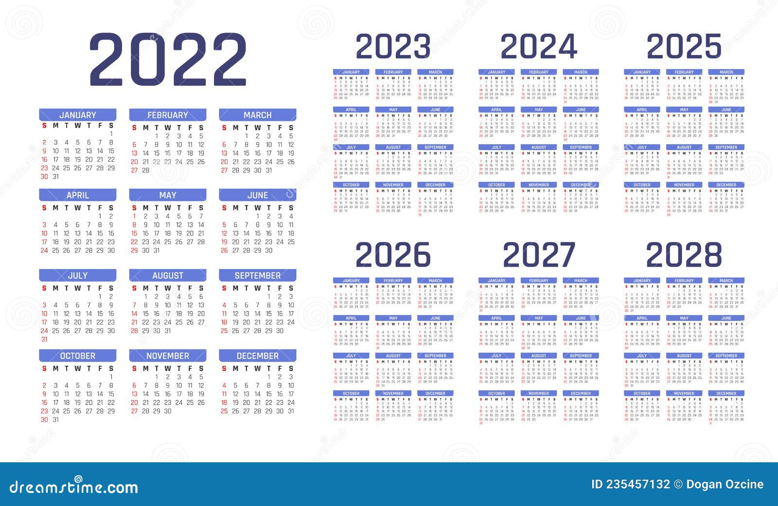 Calendrier 20222028 Calendrier 2022 Calendrier 2023 Calendrier 2024  Calendrier 2025 Calendrier 2026 Calendrier 2027 Calendrier 202 Illustration  de Vecteur - Illustration du janvier, conception: 235457132