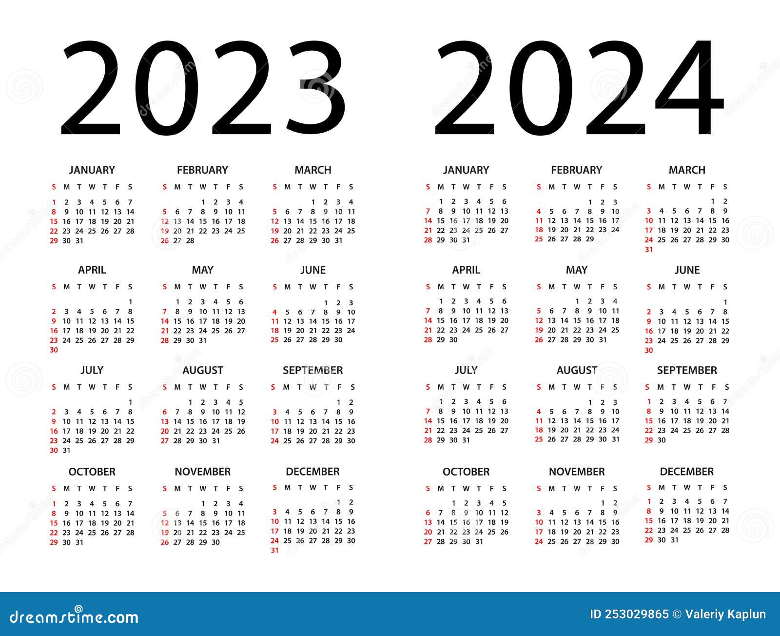 Calendrier 2023 2024 Année Vecteur Illustration. La Semaine Commence Le  Dimanche. Calendrier Fixé Pour 2023 2024 Ans Illustration de Vecteur -  Illustration du noir, décembre: 253029865