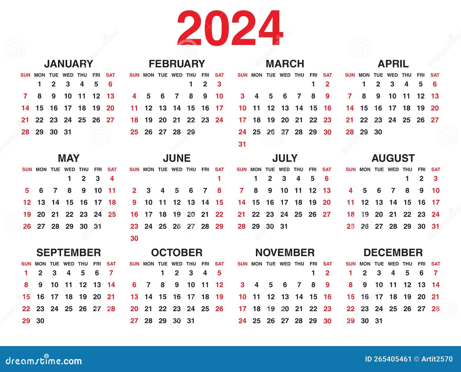 calendrier 2024 modèle ensemble vecteur, la semaine commence dimanche,  ensemble de 12 mois, calendrier de bureau