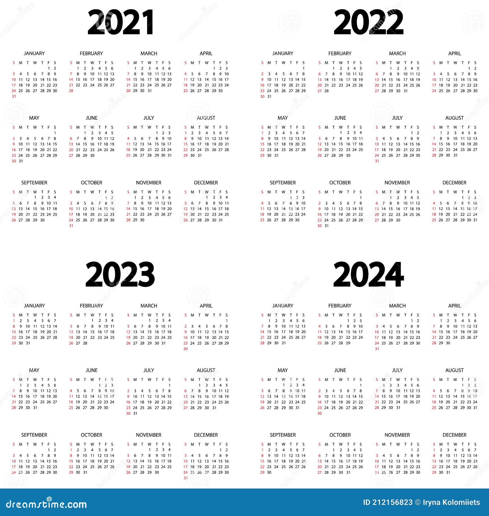 Calendrier 2021 2022 2023 2024 Année. La Semaine Commence Le Dimanche
