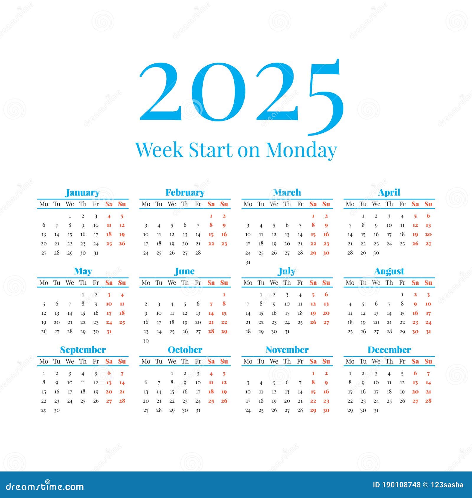 Calendrier 2025 Classique. Les Jours De Semaine Commence Le Lundi  Illustration de Vecteur - Illustration du conception, agenda: 190108748