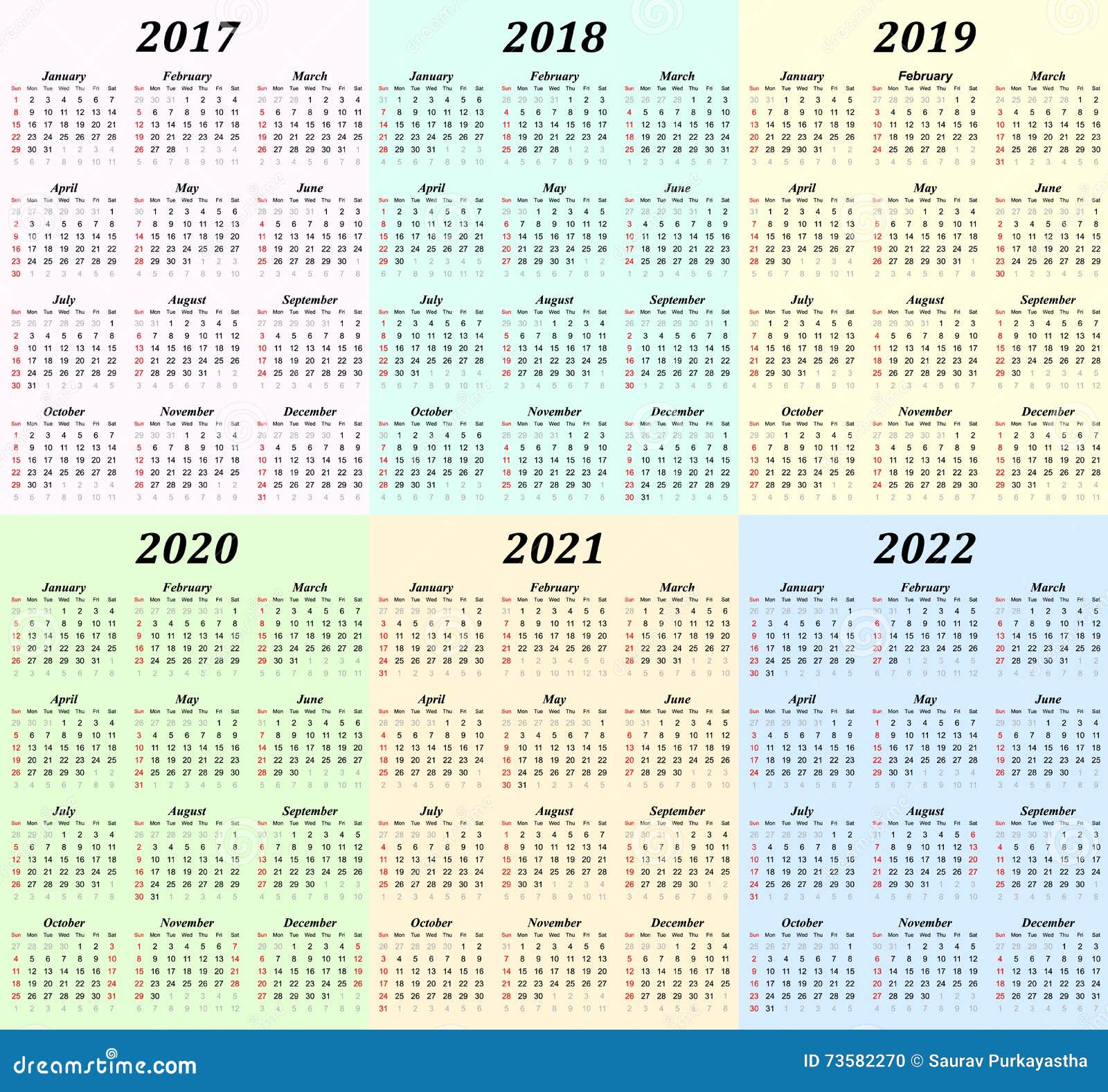 Calendrier 2017 2021 2022 Calendrier De Six Ans   2017, 2018, 2019, 2020, 2021 Et 2022 