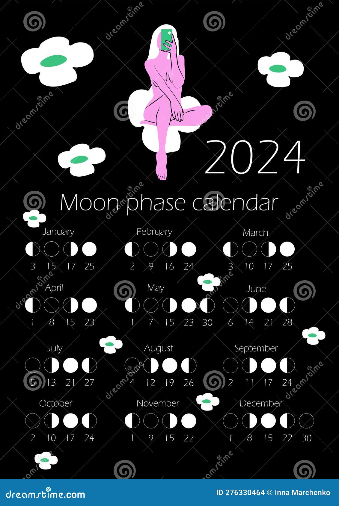 Calendrier Des Phases De Lune 2024 Avec Corps De Femme Nu En Couleur Vive.  Illustration de Vecteur - Illustration du complètement, changement:  276330464