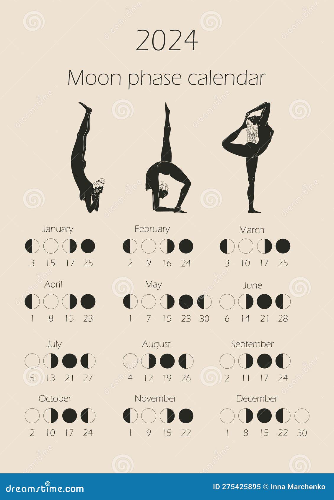 Calendrier Des Phases De Lune 2024 Avec Une Jeune Femme Nue Effectuant Des  Exercices Physiques. Illustration de Vecteur - Illustration du dessin,  jour: 275425895