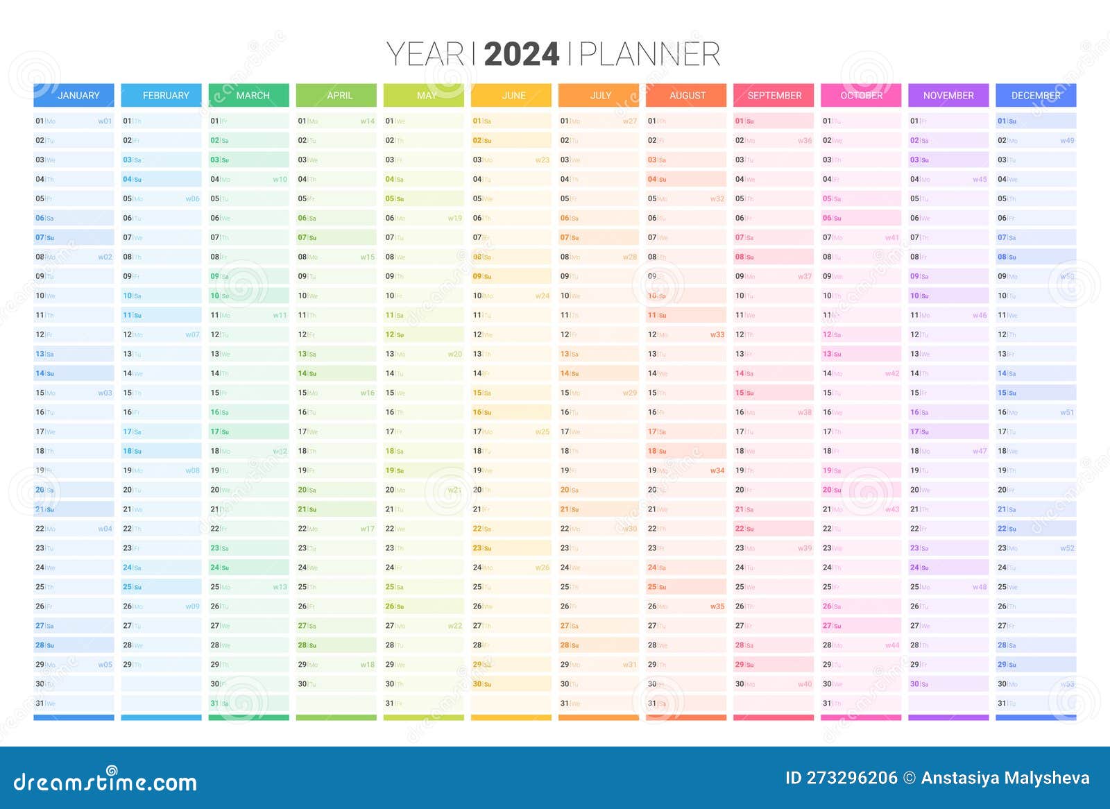 Calendrier Du Planificateur Pour L'année 2024 Organisateur De Mur Annuel  Planificateur Illustration de Vecteur - Illustration du coloré, dessin:  273296206