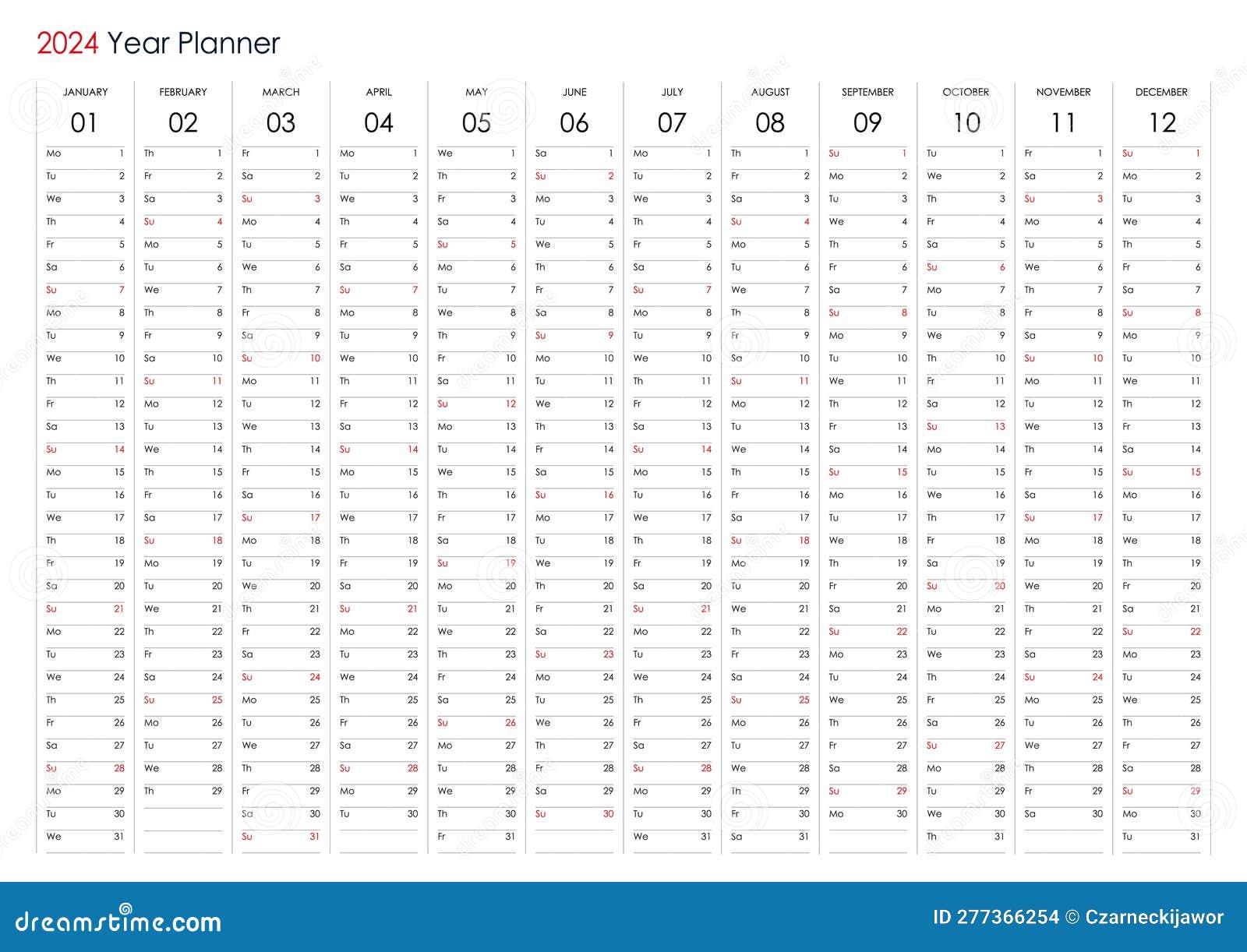 Calendrier Du Planificateur Pour 2024. Modèle Annuel De L