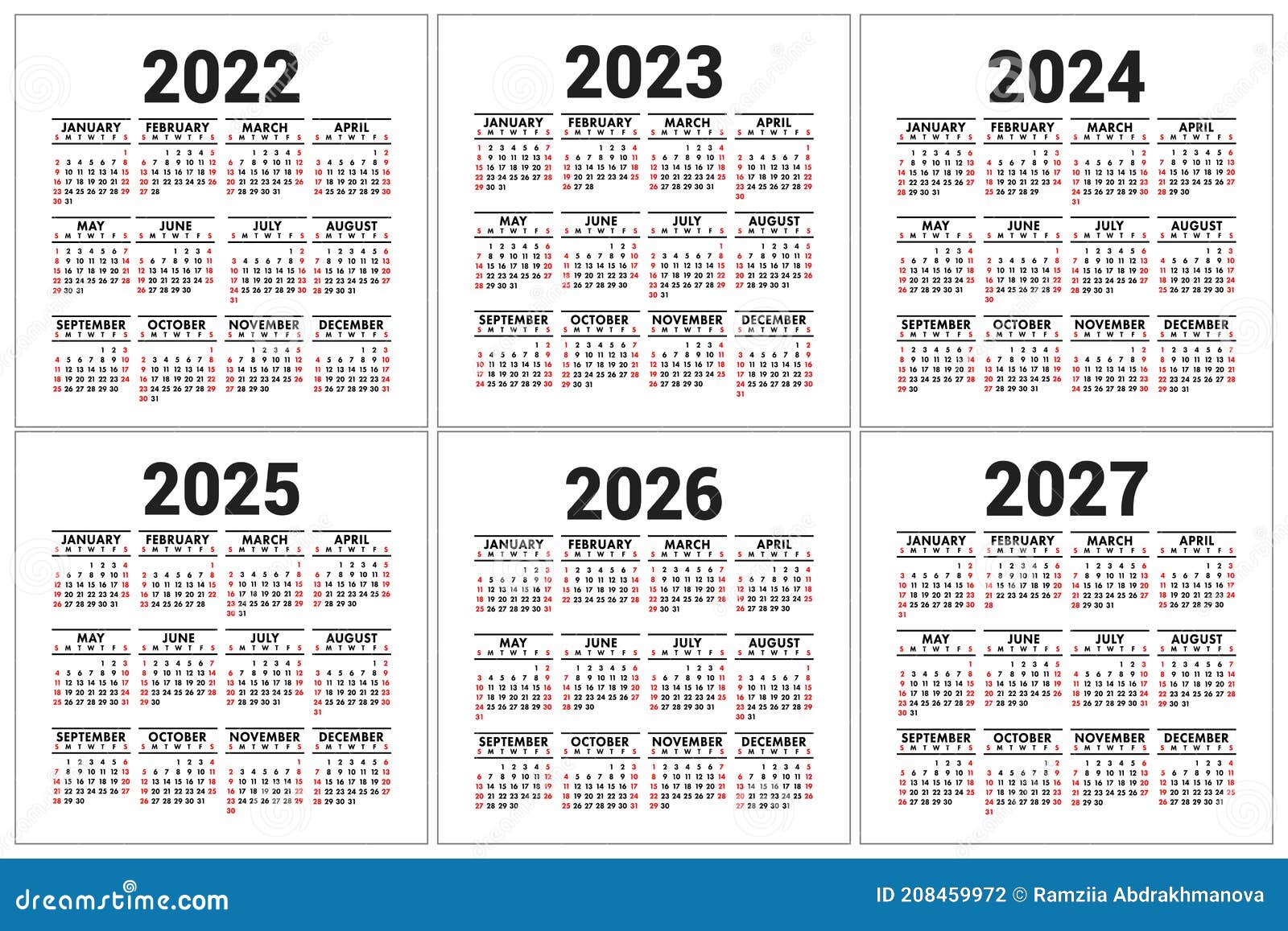 Calendrier Espagnol 2022, 2023, 2024, 2025, 2026, 2027, 2028, 2029, 2030  Ans. Modèle De Poche Simple. Illustration Vectorielle.