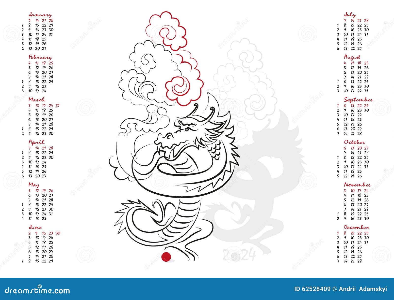 Calendrier 2024 L'année Du Dragon Illustration de Vecteur - Illustration du  datte, noël: 62528409