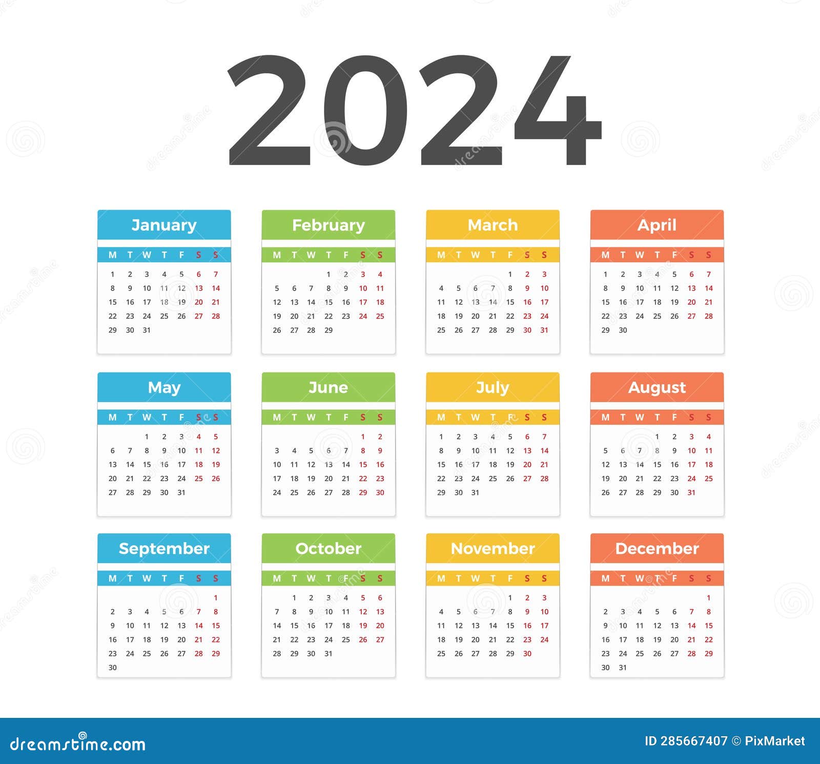 Vecteur Stock Modèle de calendrier 2024 pour agenda, planning