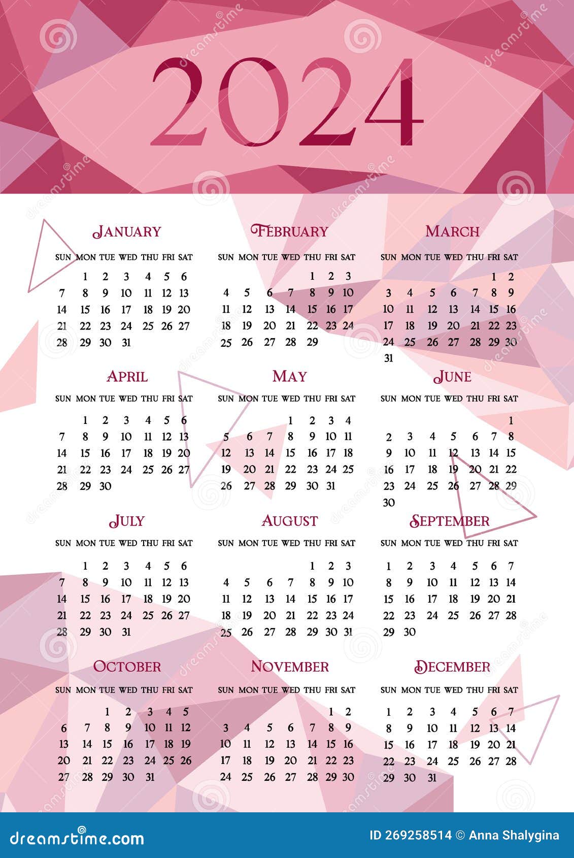 2024 calendrier. la semaine départs sur dimanche. géométrique faible poly  conception. calendrier 2024 dans Anglais. a4 verticale page 20239984 Art  vectoriel chez Vecteezy