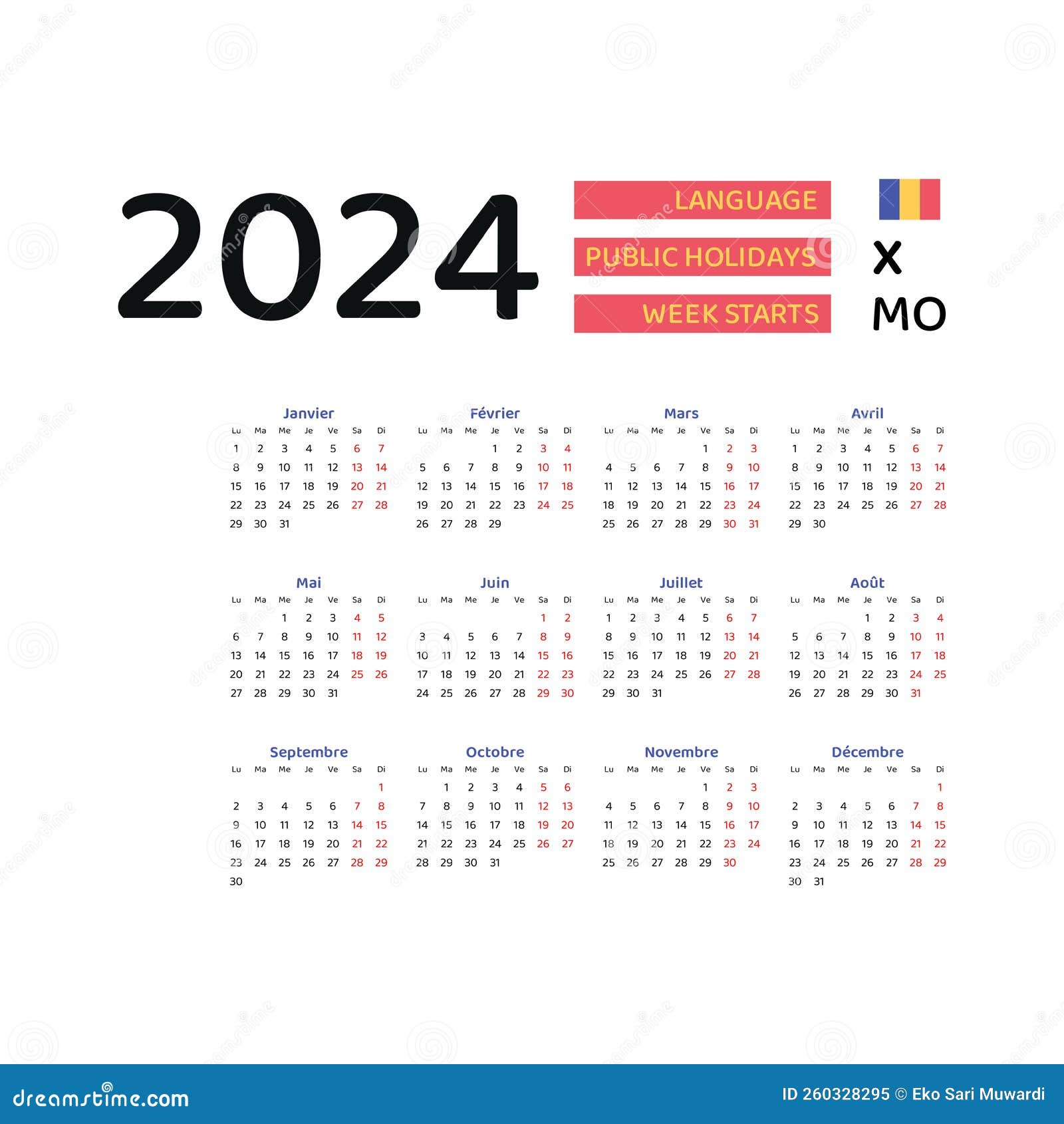 Calendrier 2024 Année Illustration Vectorielle La Semaine Commence