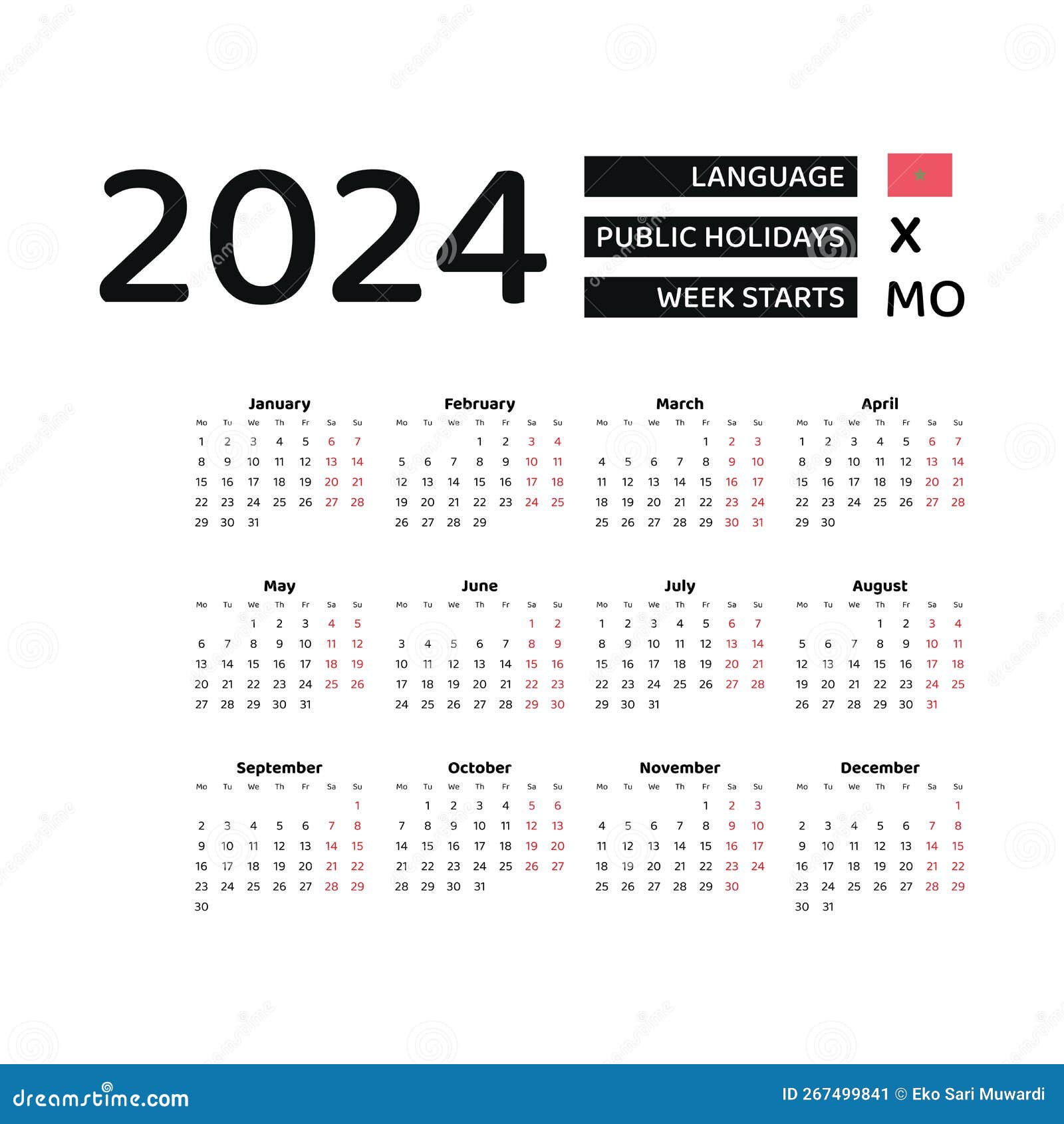 Calendrier 2024 Langue Anglaise Avec Maroc Jours Fériés. Illustration de  Vecteur - Illustration du inspiration, août: 267499841